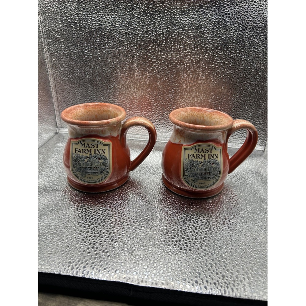 Deneen Pottery Mast Farm Inn Coffee Mugs Set of 2 Sienna Orange Drip Glaze 2012